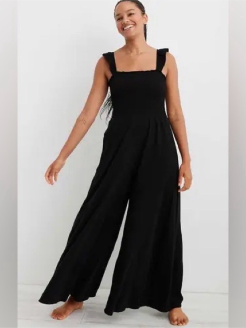 aerie Black Square-Neck Wide Leg Jumpsuit smocked